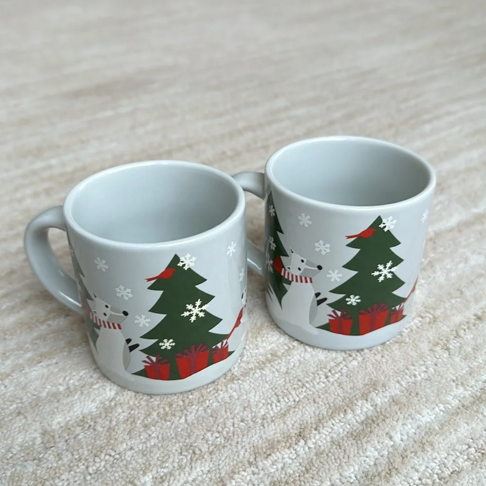 2 Crate & Barrel-Joan Anderson-Jolly Trio Child's Mug Christmas Trees/Rabbit/Fox